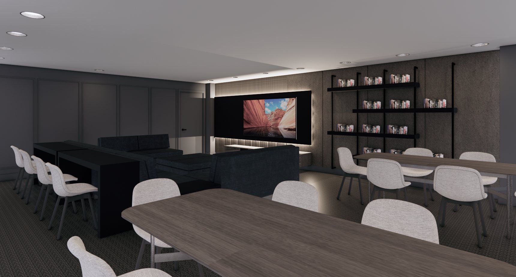 Proposed condominium media room with long tables and a screen wall