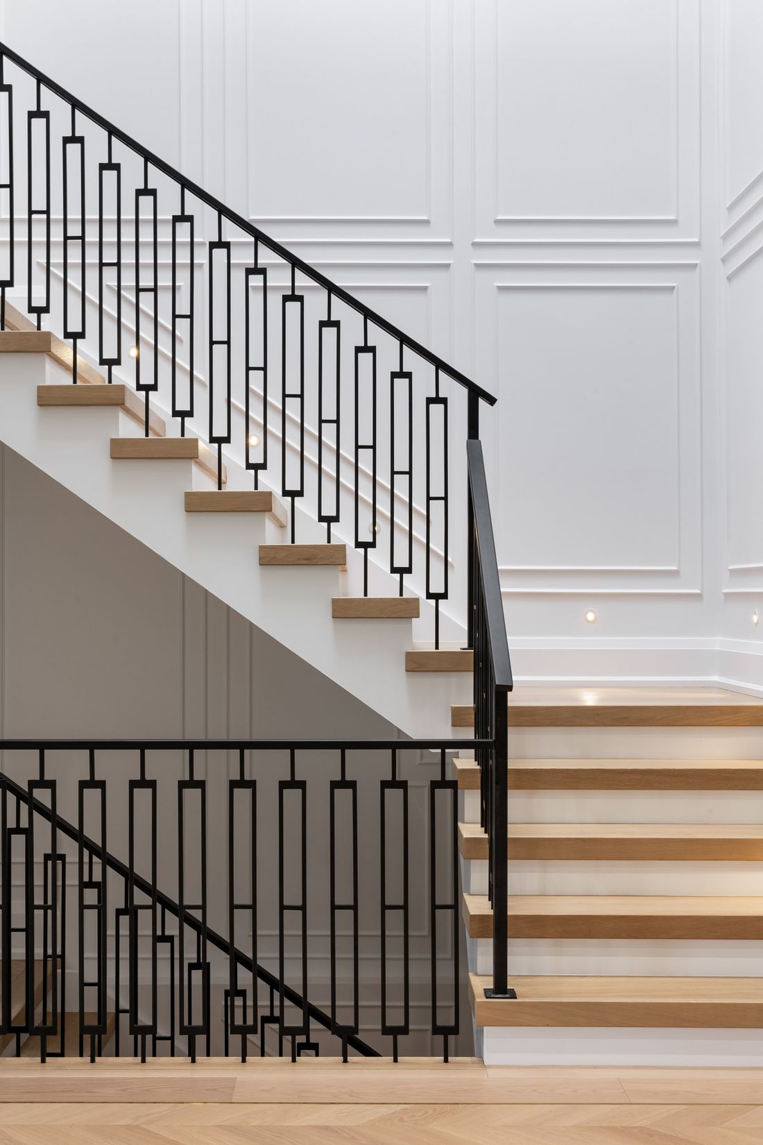 Custom railing and thick treads — The Gathering House, Kleinburg, Vaughan — interior design by RZ Interiors