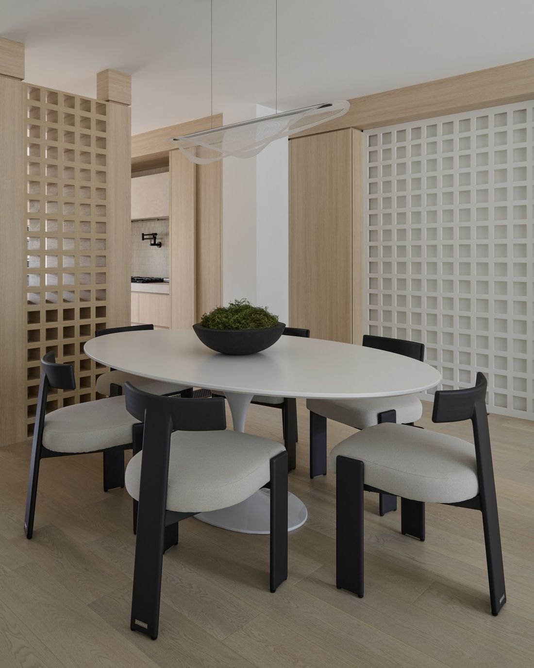 Dining room and screen, lights off — The Void — interior design by RZ Interiors