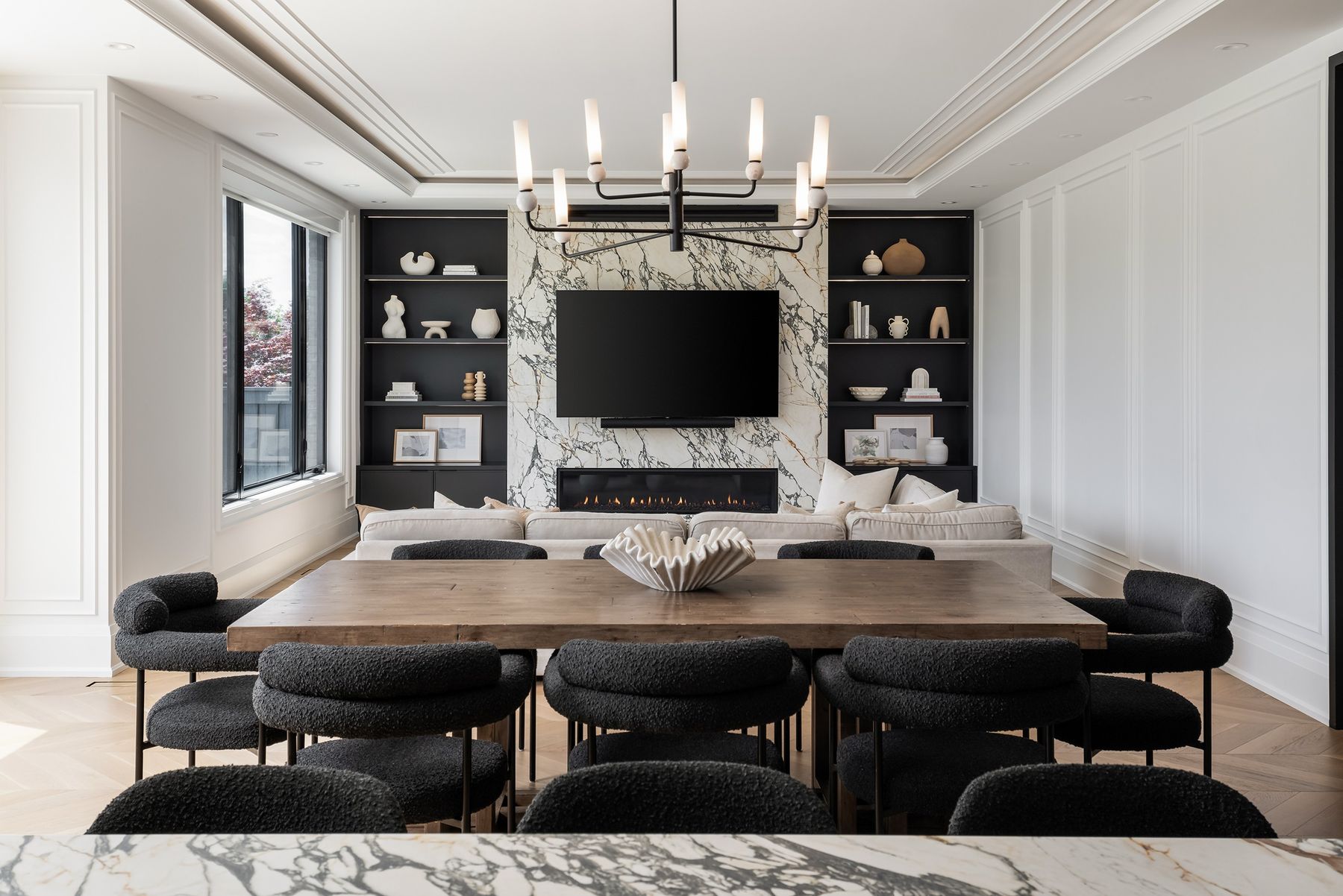 Dining room, open to the family room — The Gathering House, Kleinburg, Vaughan — interior design by RZ Interiors