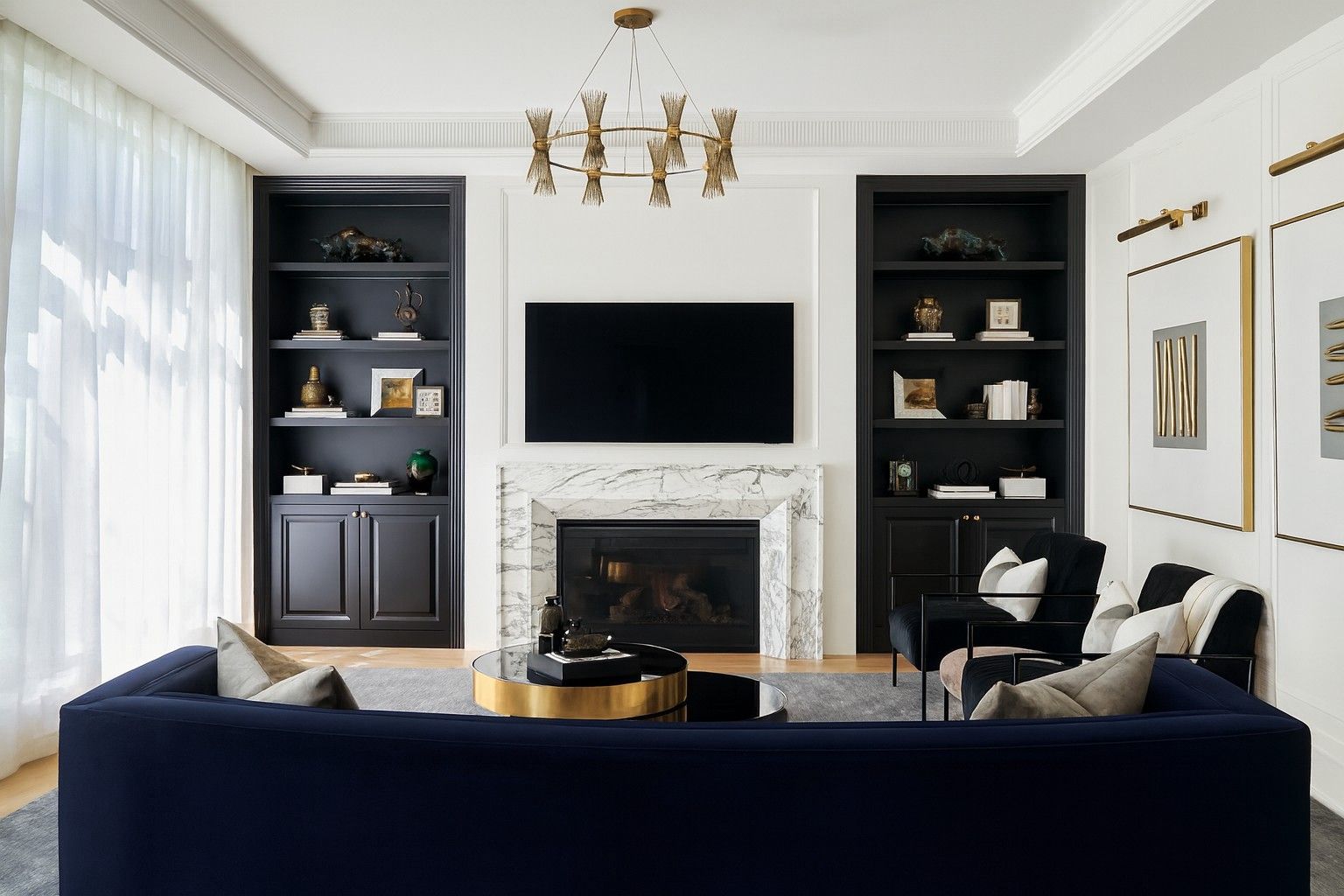Family room and black built-ins — House Number Three — interior design by RZ Interiors