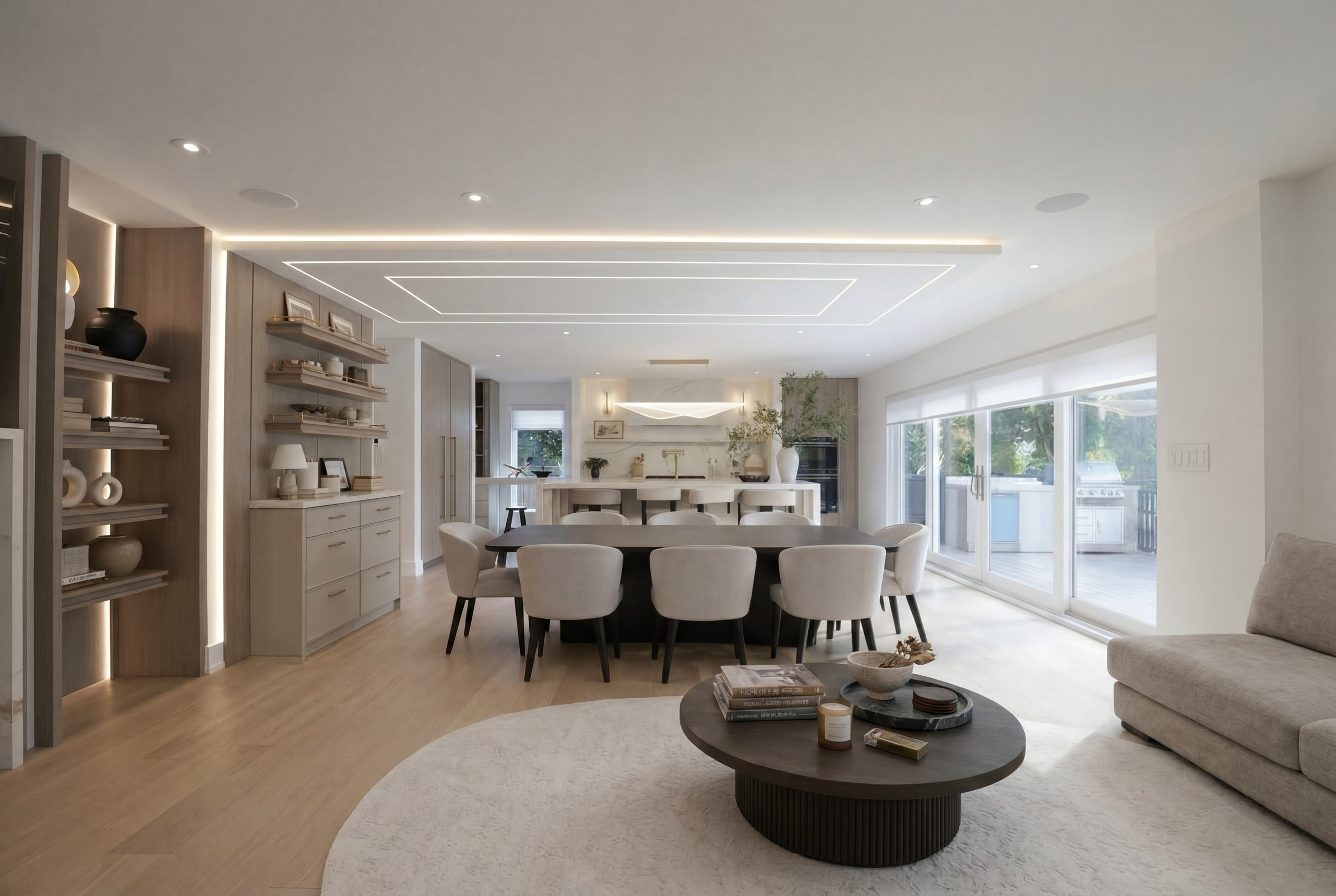 Family room, open to the dining area and garden — The Corner House — interior design by RZ Interiors