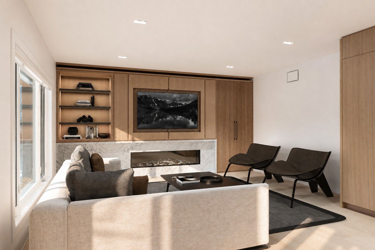 Family room, open to the kitchen — The Frame, Kleinburg, Vaughan — interior design by RZ Interiors