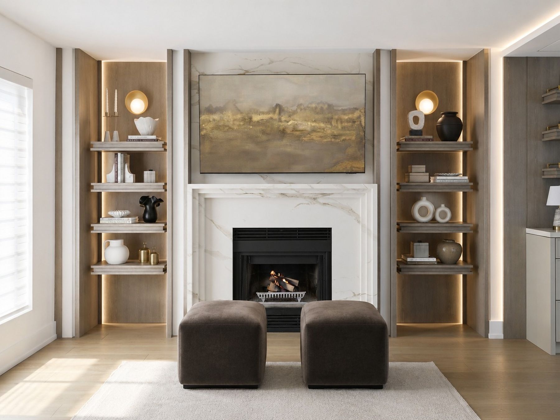 Fireplace wall with backlit shelving — The Corner House — interior design by RZ Interiors