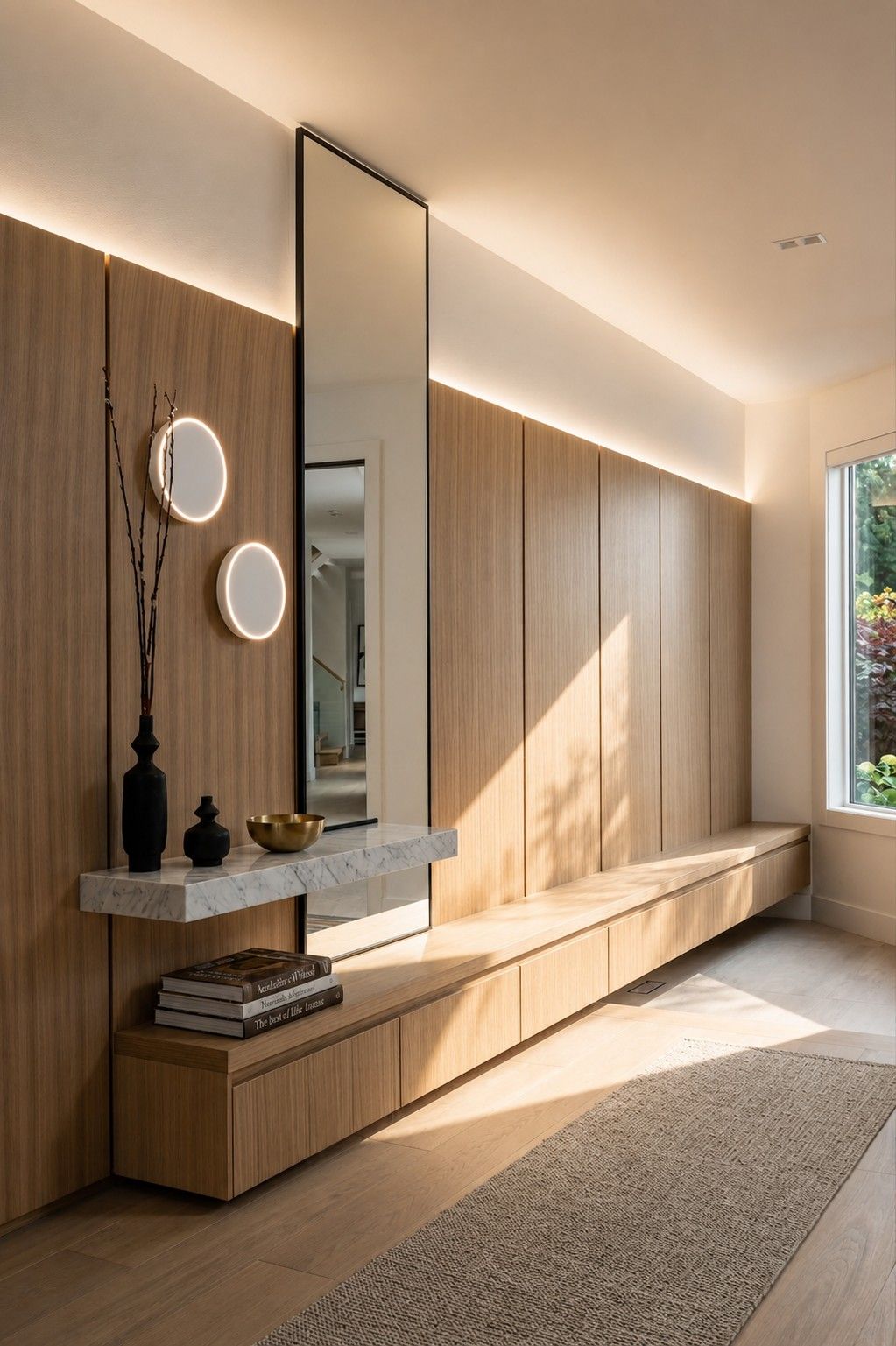 Foyer bench and storage — The Frame, Kleinburg, Vaughan — interior design by RZ Interiors