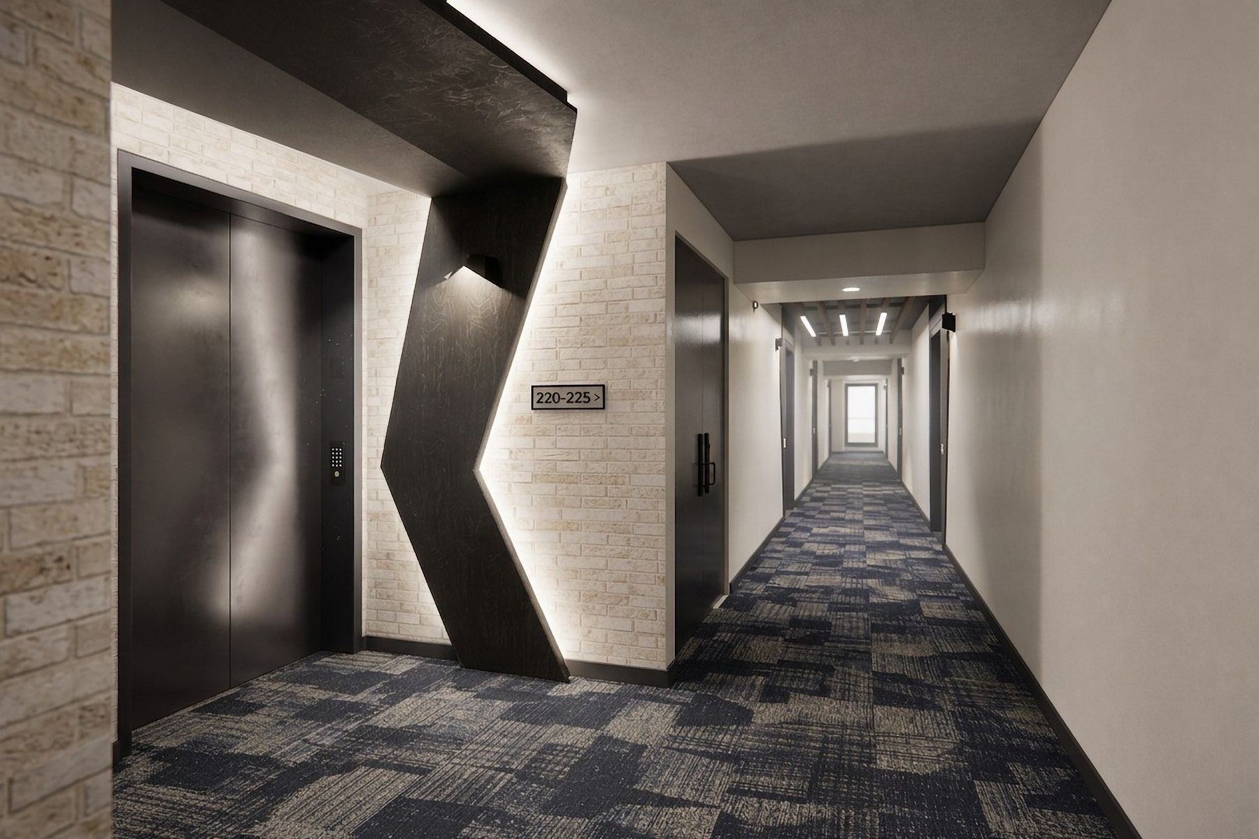 Garage elevator lobby, after — The Mezzanine Lofts, King West, Toronto — interior design by RZ Interiors