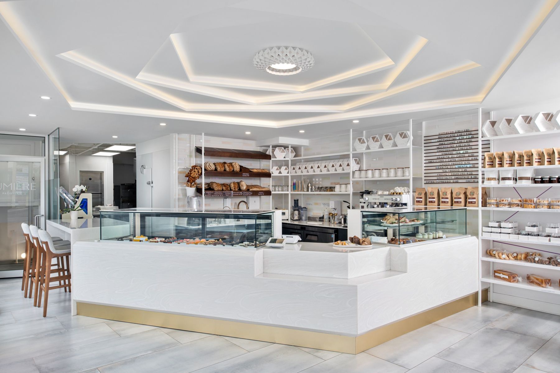 Hexagonal ceiling over the counter — The Light Bake, North York, Toronto — interior design by RZ Interiors