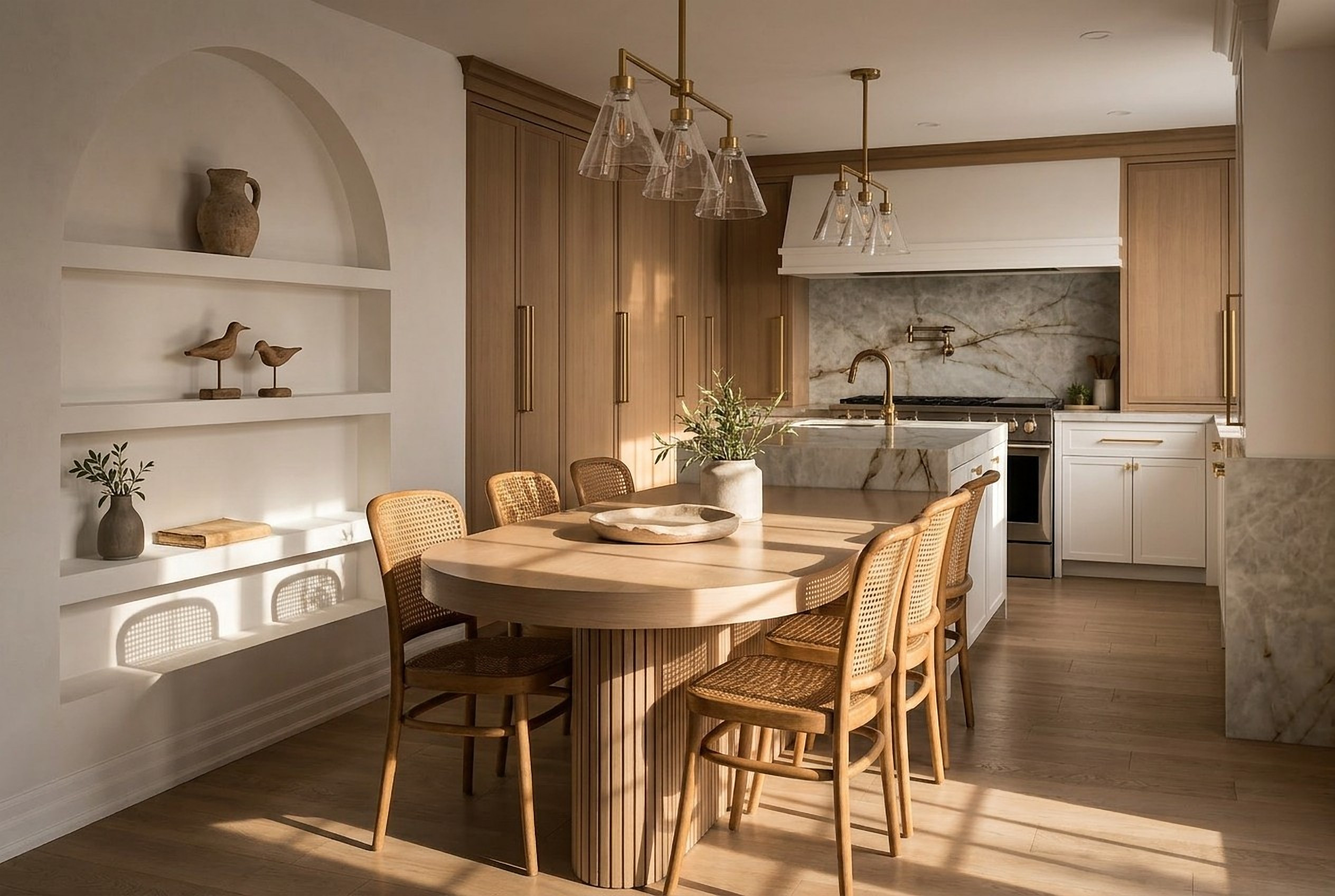Kitchen and fluted oak dining table — Curvilinear Forms, Greater Toronto Area — interior design by RZ Interiors