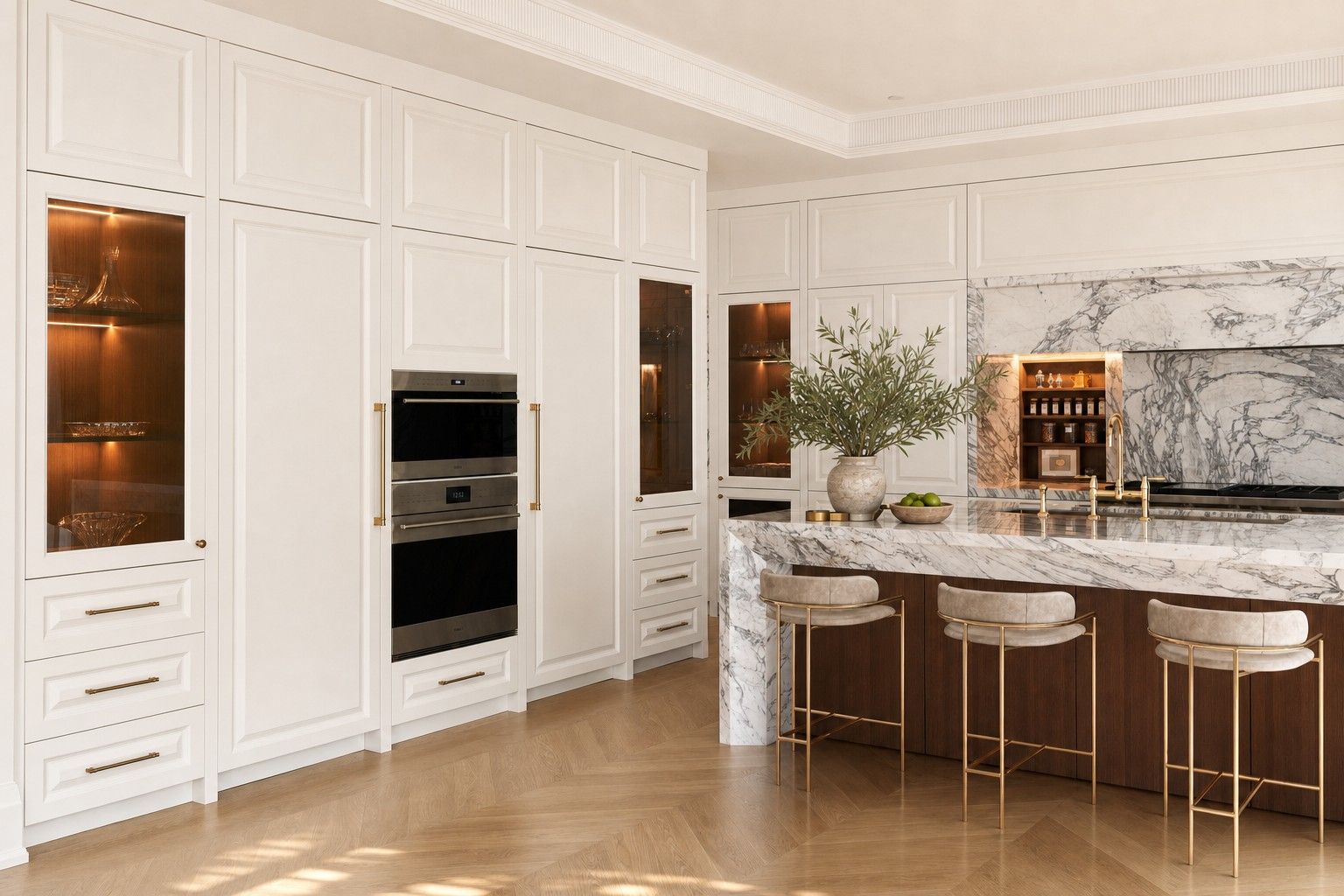 Kitchen, panelled cabinetry and marble — House Number Three — interior design by RZ Interiors