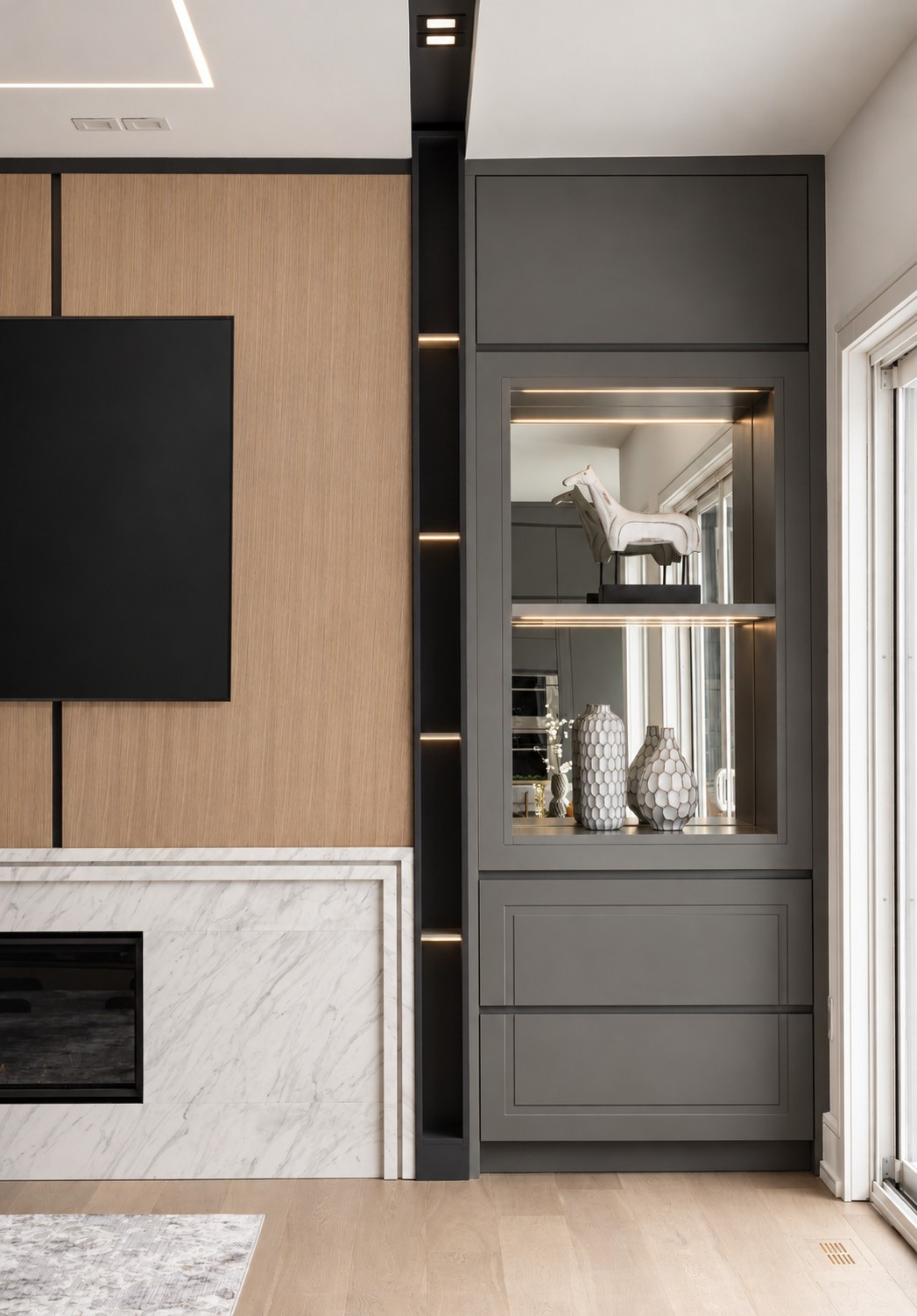Lit display cabinet — Two Volumes, North York, Toronto — interior design by RZ Interiors