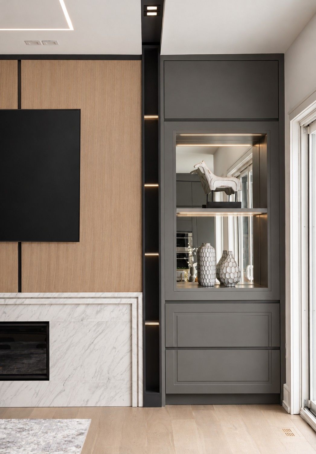 Lit display cabinet — Two Volumes, North York, Toronto — interior design by RZ Interiors