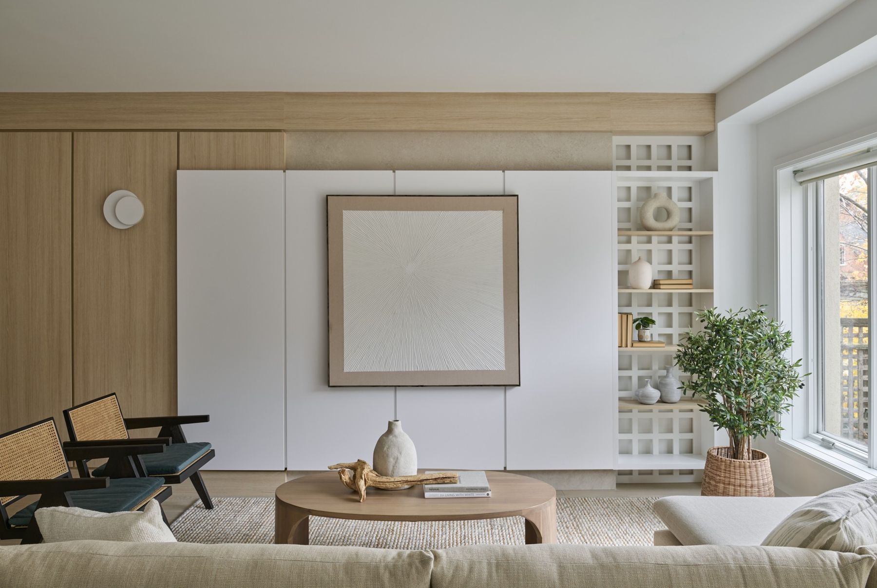 Living room, evening light, lights off — The Void — interior design by RZ Interiors