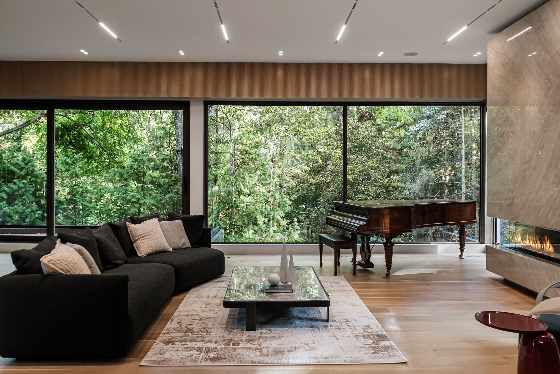 Living room facing the ravine — The Offset, Toronto — interior design by RZ Interiors