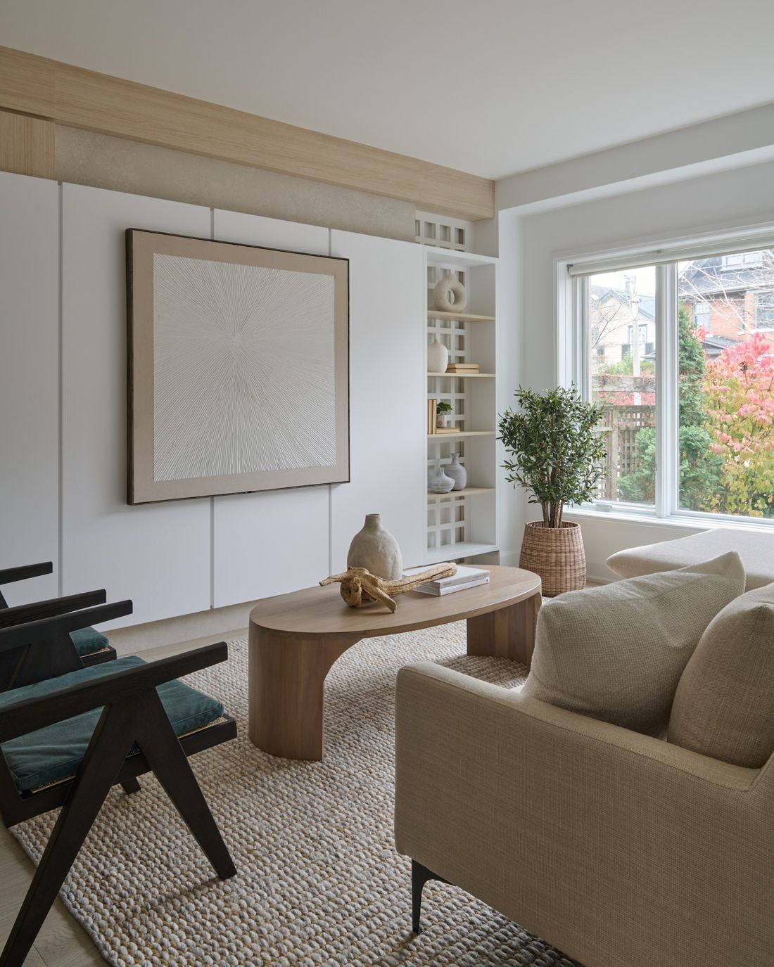 Living room wall, lights off — The Void — interior design by RZ Interiors