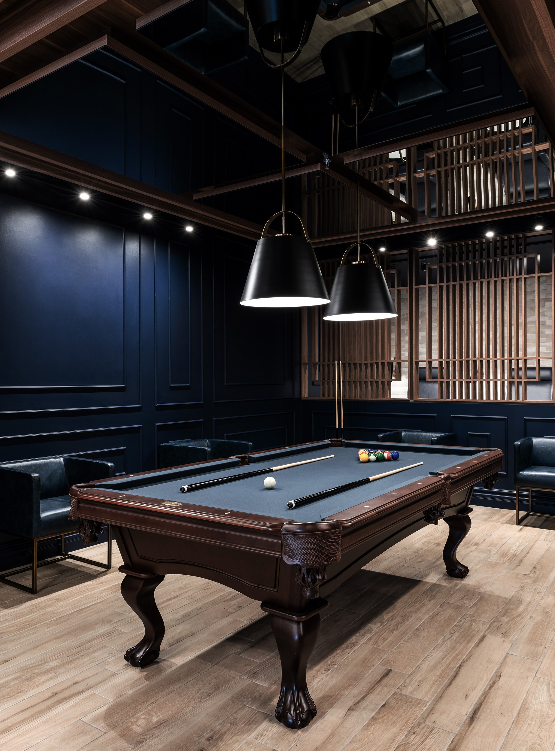 Lounge and pool table — Aurora Barber, Aurora, Ontario — interior design by RZ Interiors