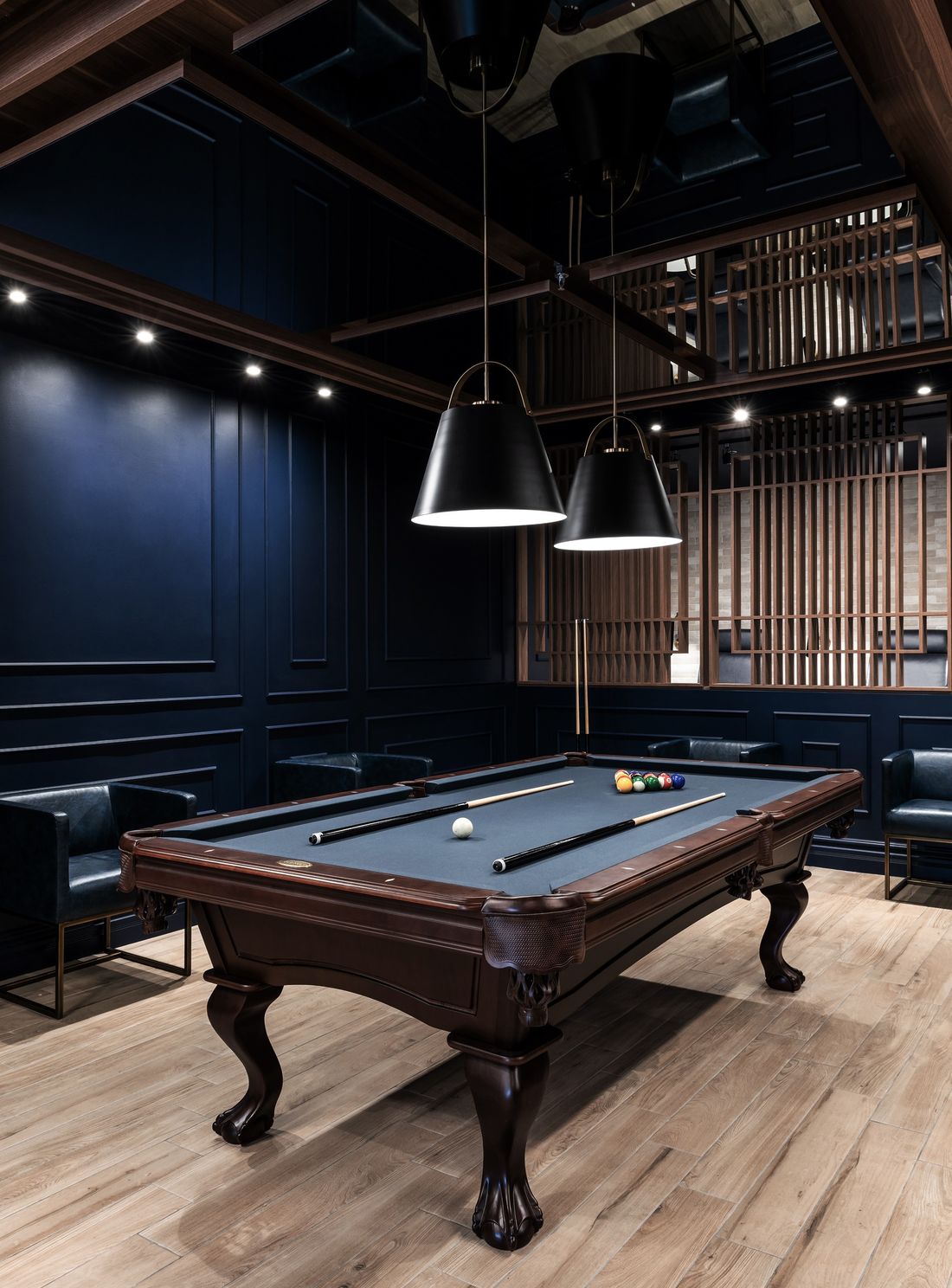 Lounge and pool table — Aurora Barber, Aurora, Ontario — interior design by RZ Interiors