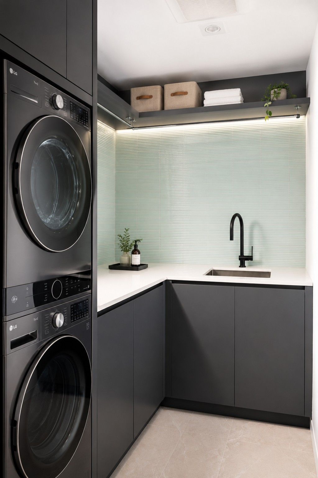 Lower-level laundry — The Open House, Moore Park, Toronto — interior design by RZ Interiors