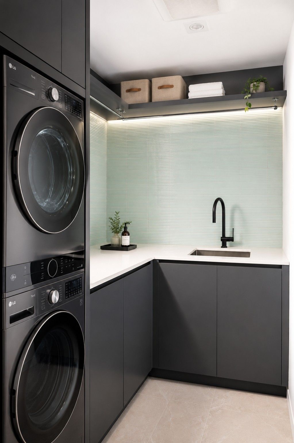 Lower-level laundry — The Open House, Moore Park, Toronto — interior design by RZ Interiors