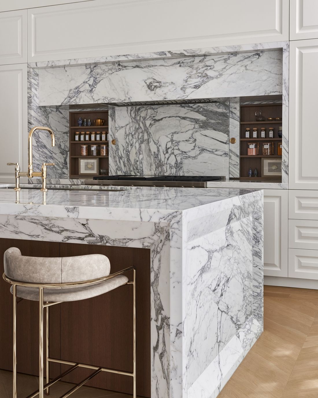 Marble waterfall island — House Number Three — interior design by RZ Interiors