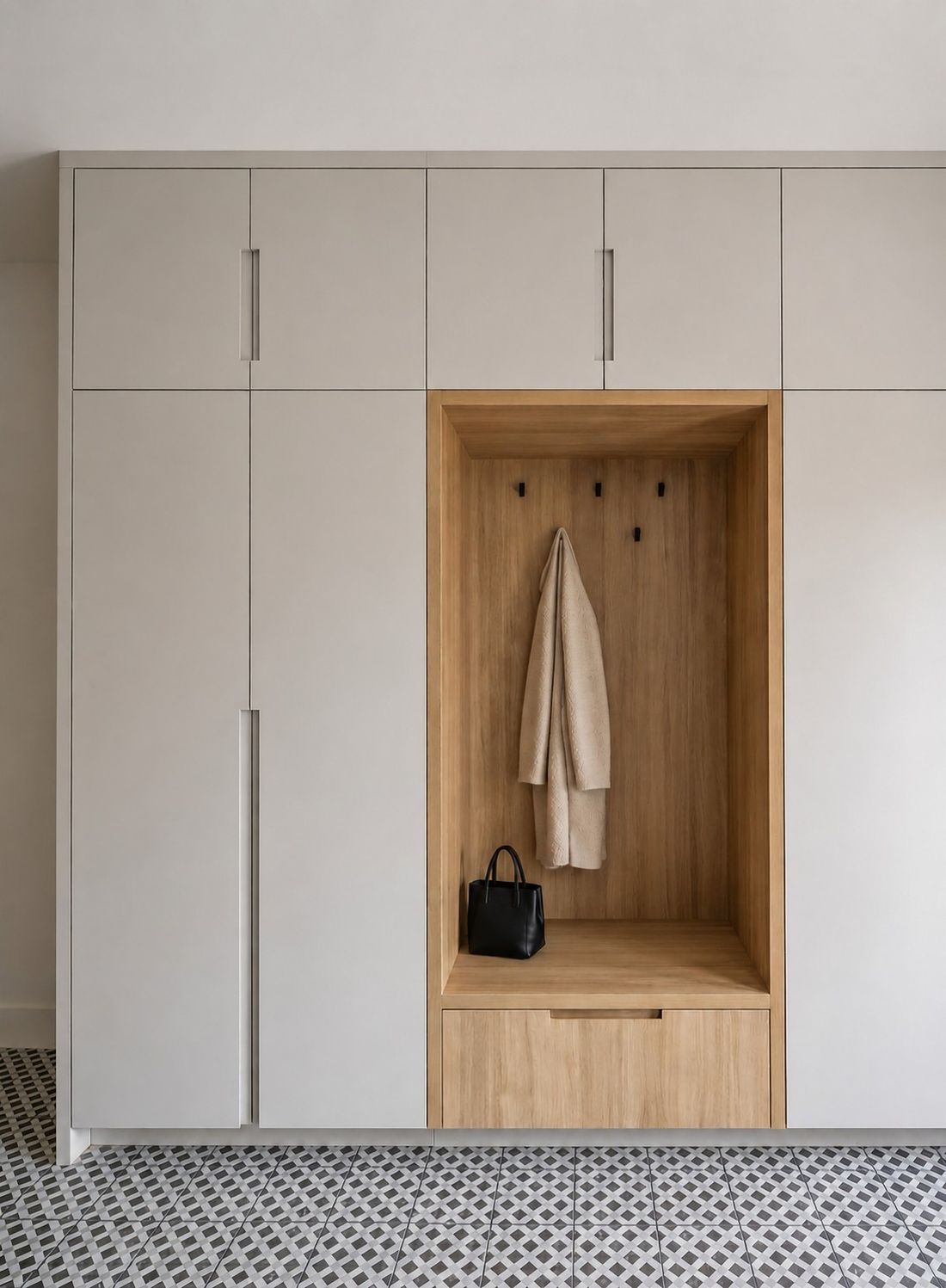 Mudroom storage — The Frame, Kleinburg, Vaughan — interior design by RZ Interiors