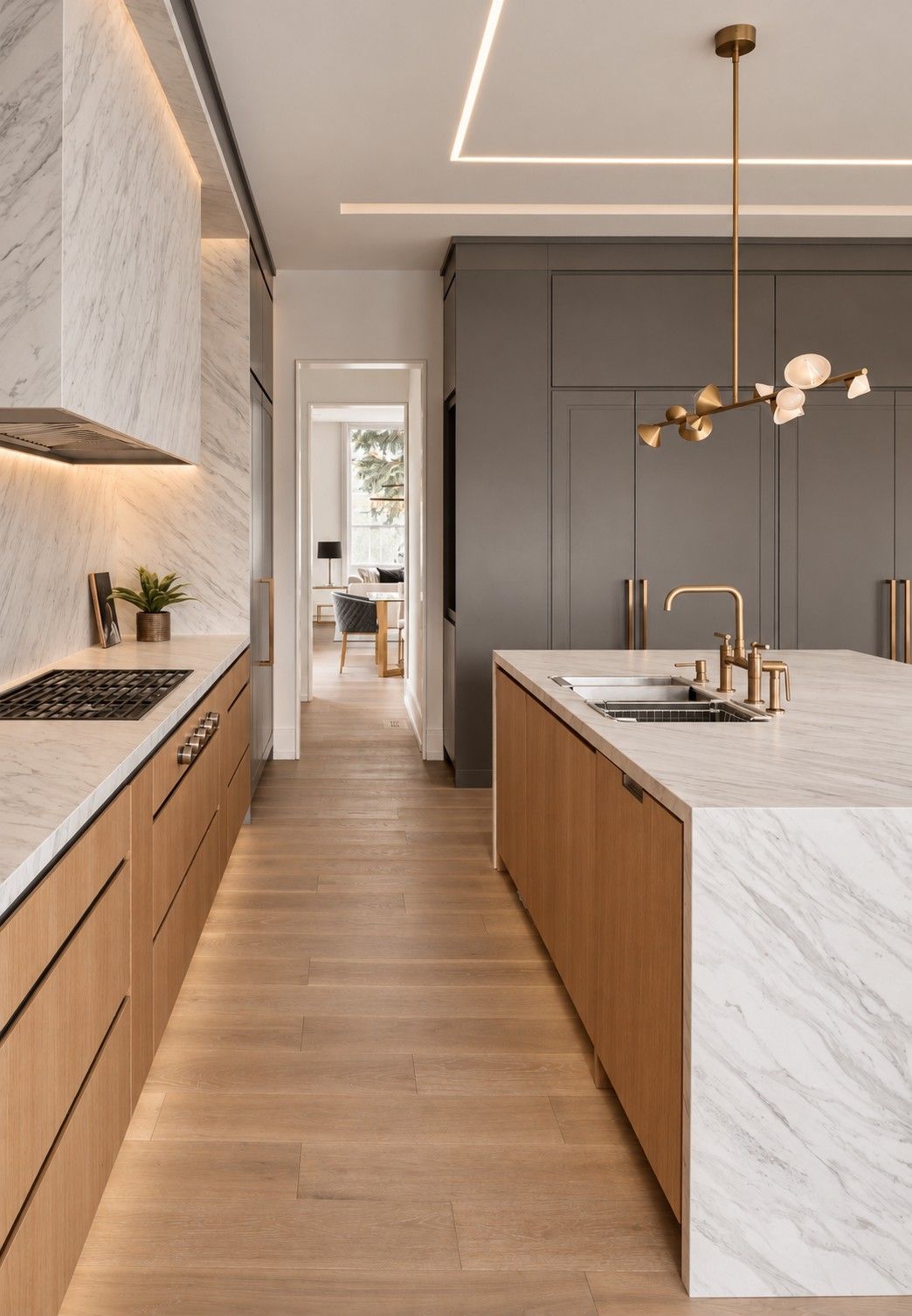Oak, marble and brass in the kitchen — Two Volumes, North York, Toronto — interior design by RZ Interiors