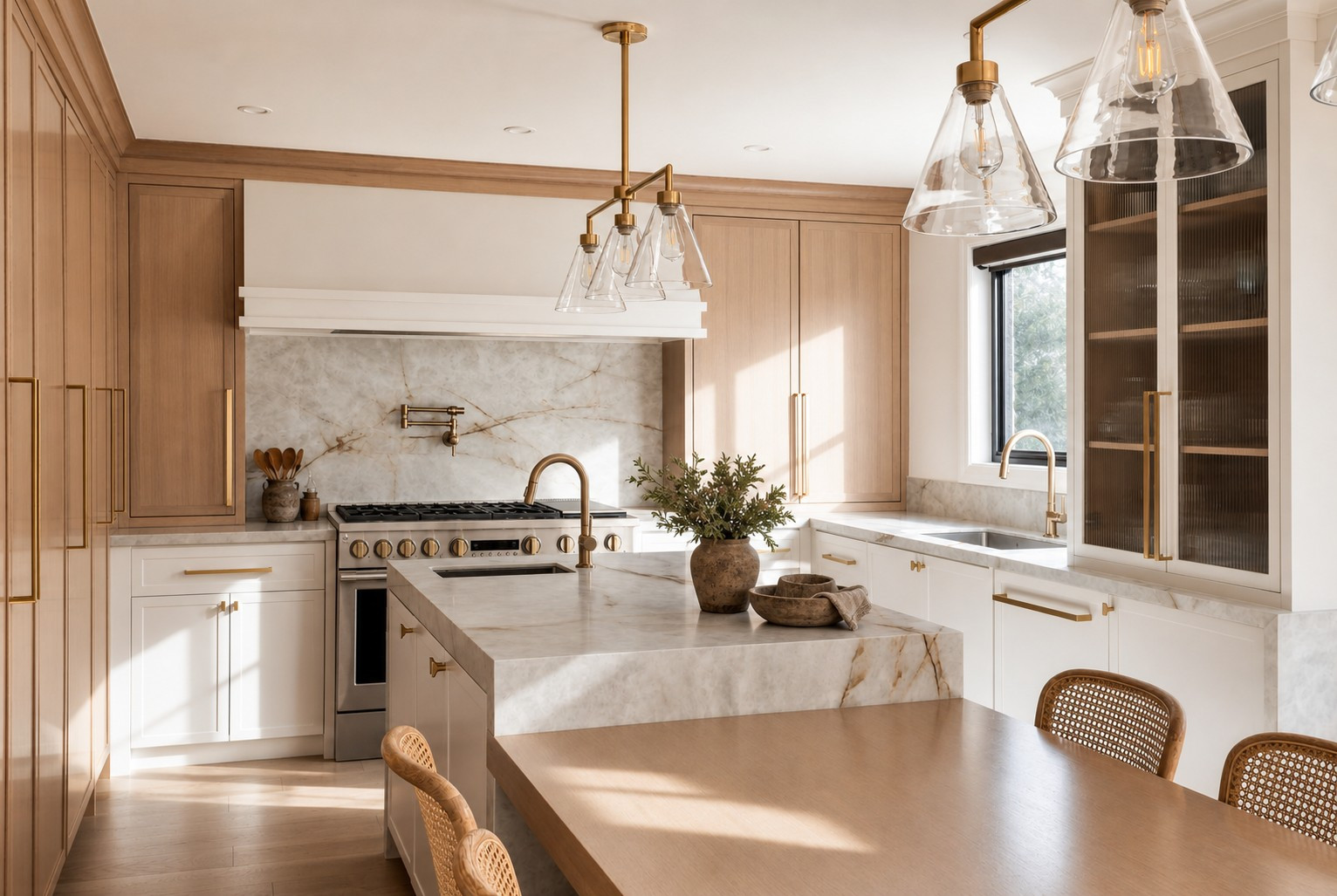 Oak, stone and brushed brass — Curvilinear Forms, Greater Toronto Area — interior design by RZ Interiors