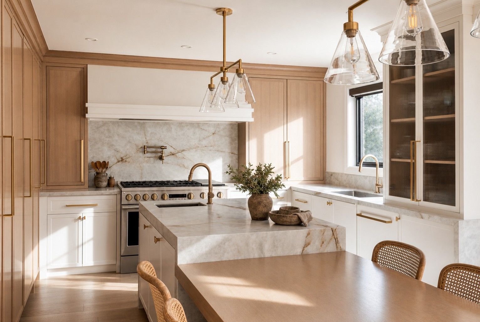 Oak, stone and brushed brass — Curvilinear Forms, Greater Toronto Area — interior design by RZ Interiors