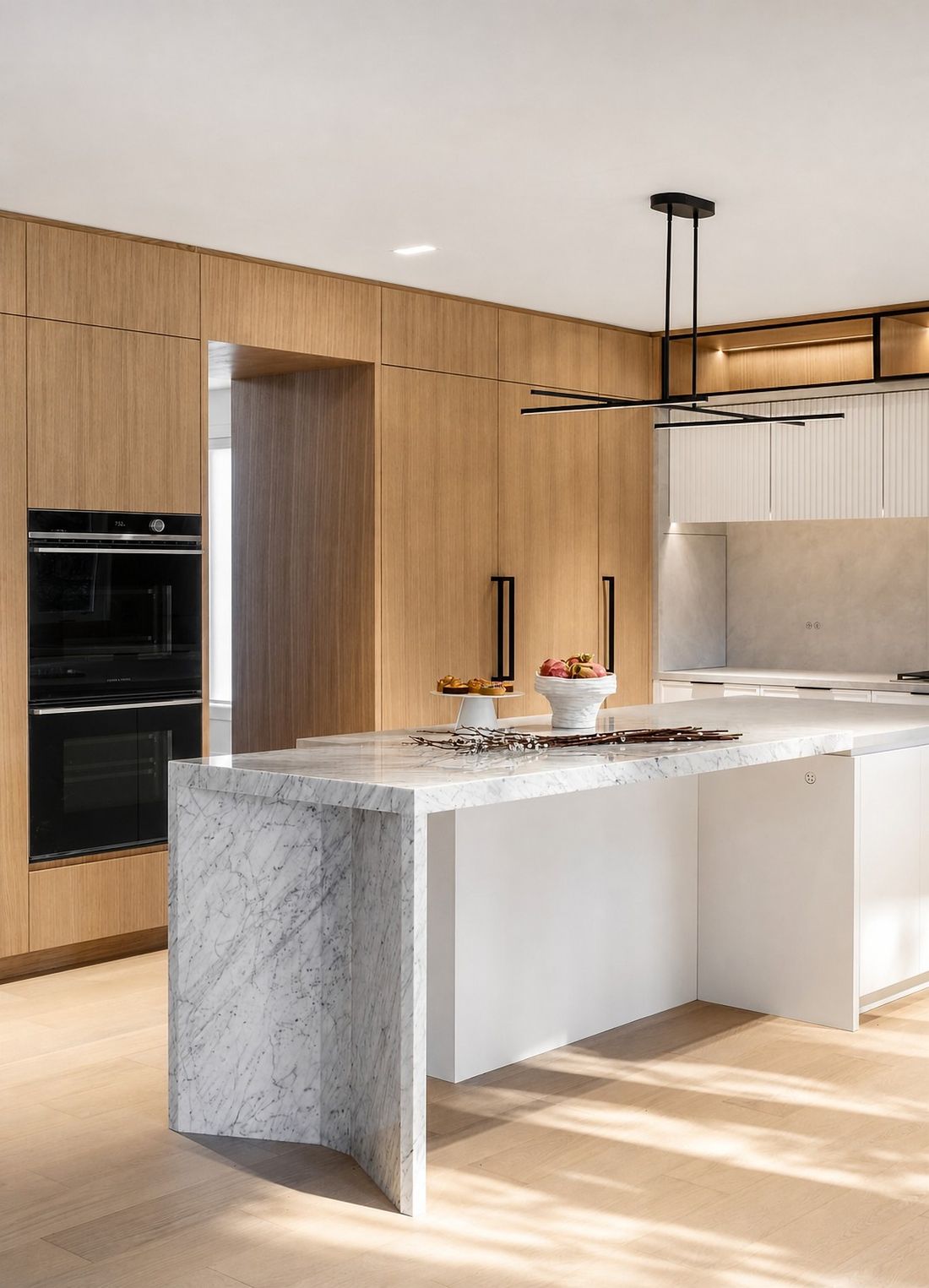 Oak wall with integrated appliances — The Frame, Kleinburg, Vaughan — interior design by RZ Interiors