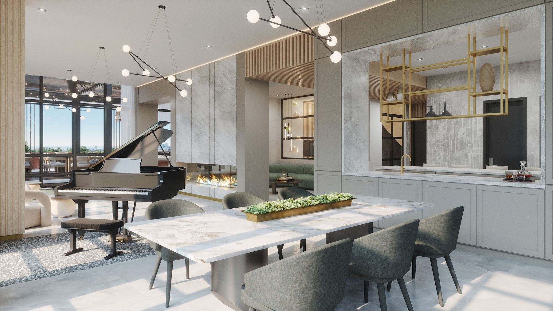 Piano lounge and dining — The Centre Residences, Richmond Hill, Ontario — interior design by RZ Interiors