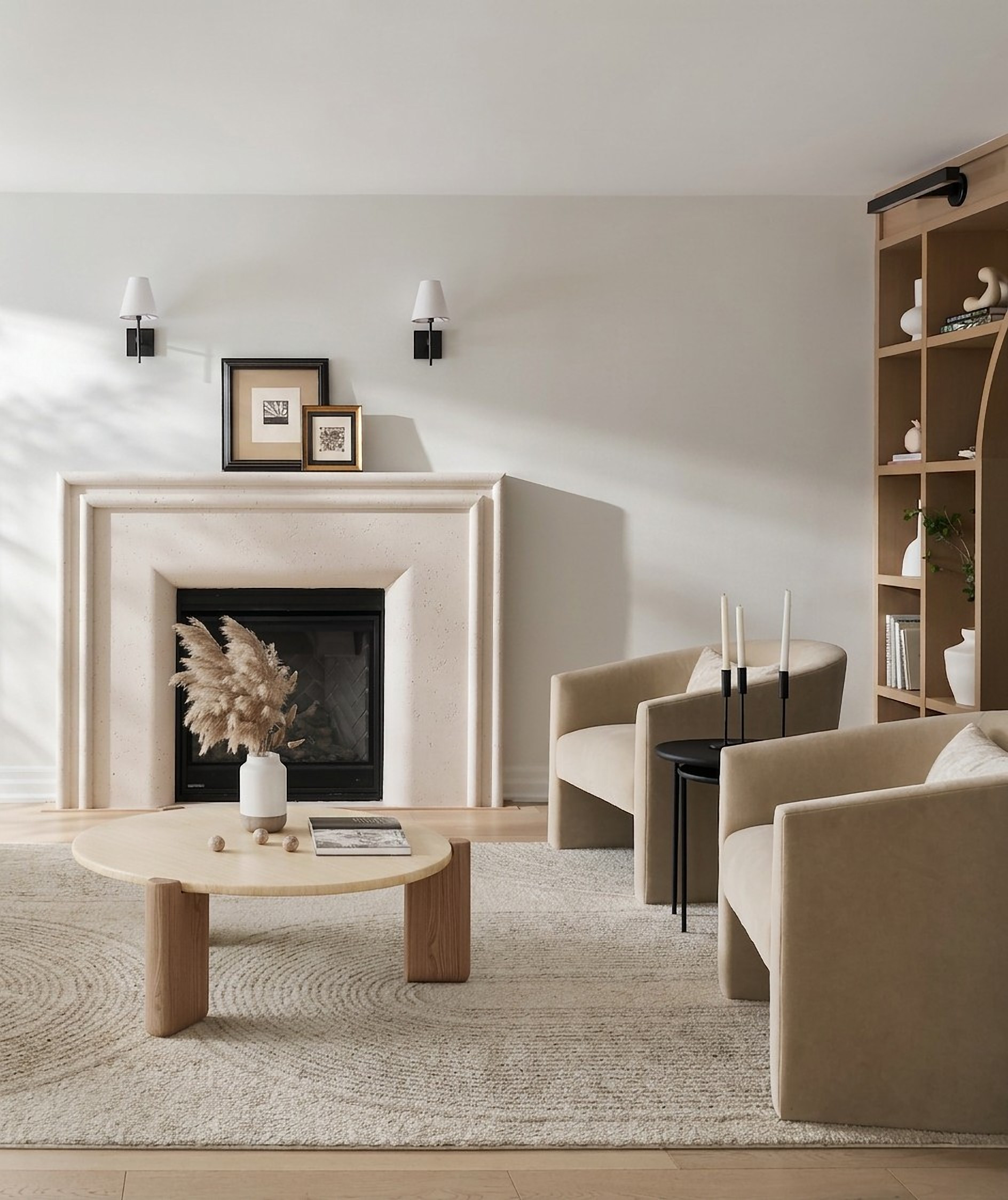 Plaster-clad fireplace — Curvilinear Forms, Greater Toronto Area — interior design by RZ Interiors