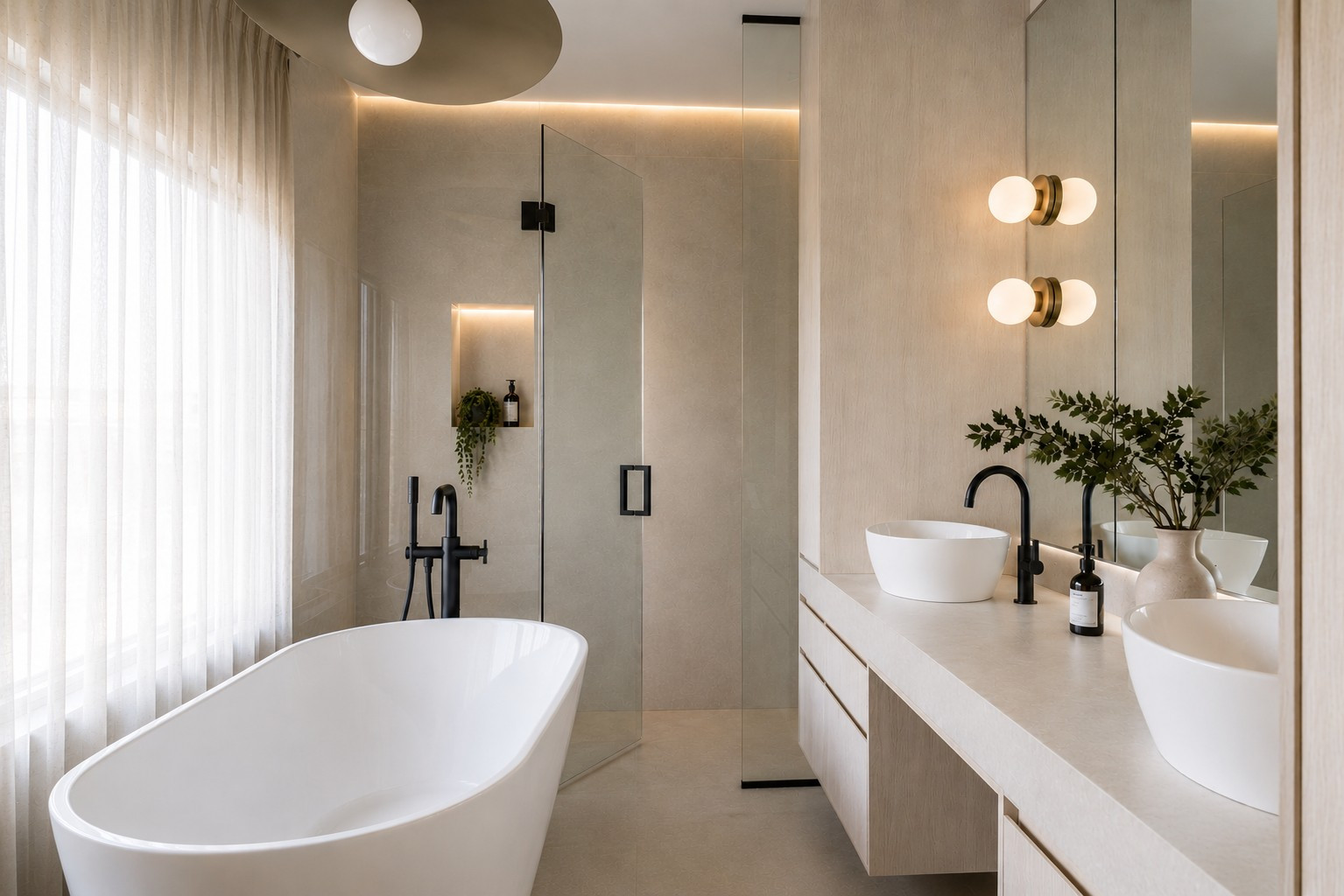 Primary ensuite with double vanity — The Open House, Moore Park, Toronto — interior design by RZ Interiors