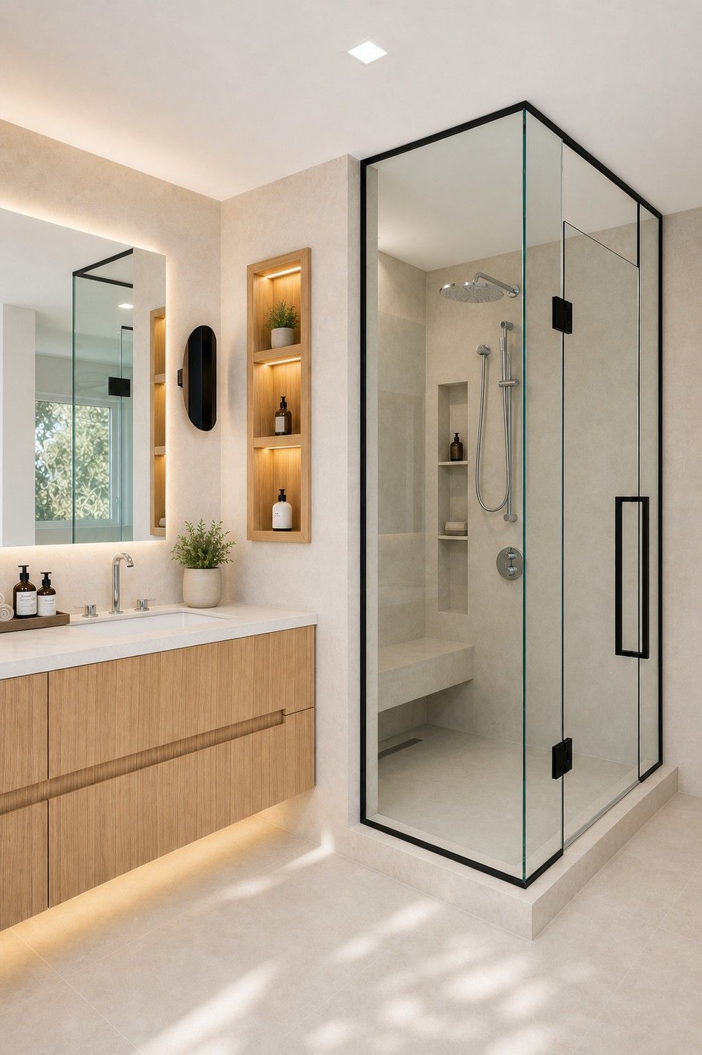 Shower and lit niches — The Frame, Kleinburg, Vaughan — interior design by RZ Interiors