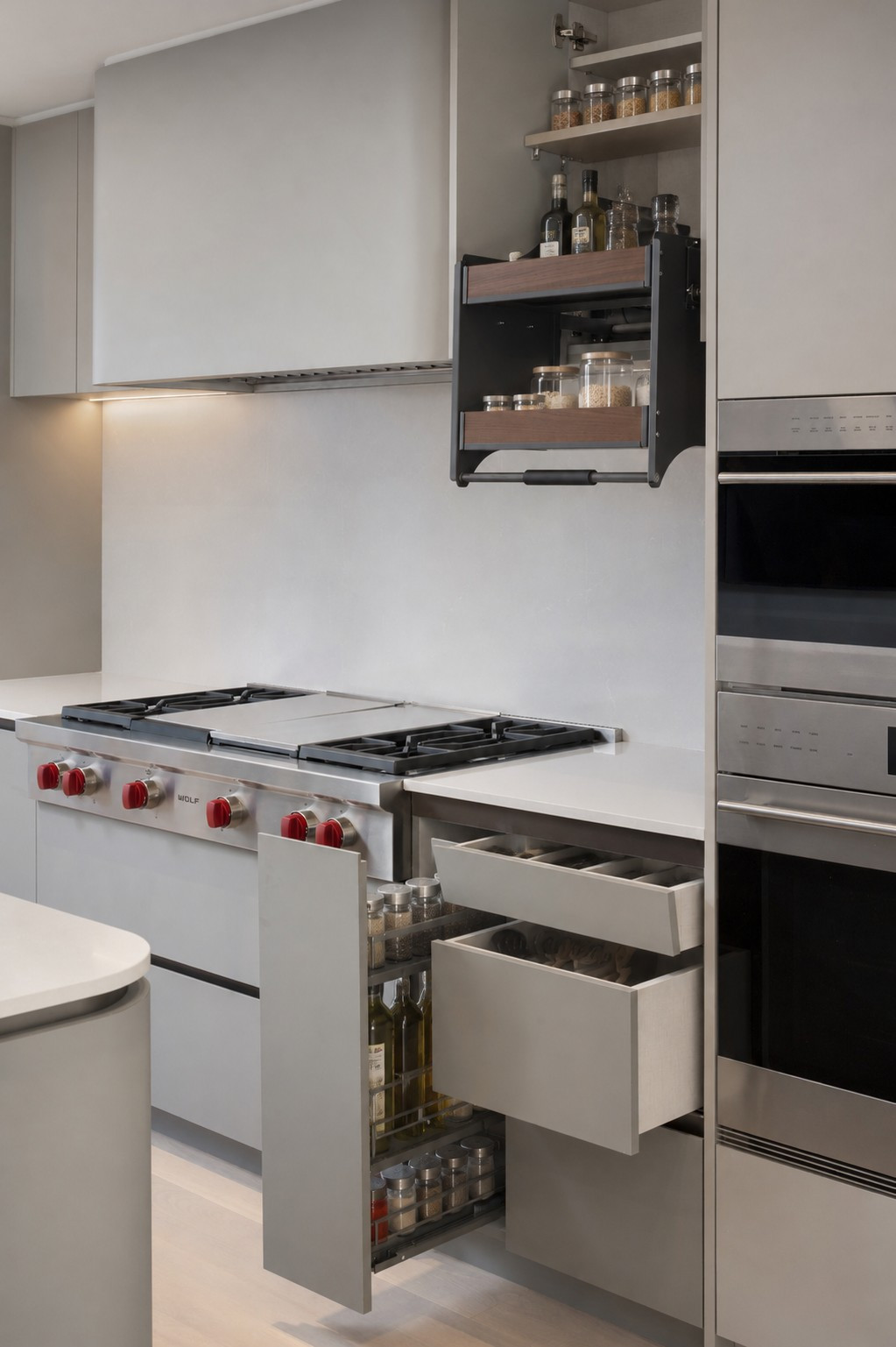 Storage built into the cabinetry — The Open House, Moore Park, Toronto — interior design by RZ Interiors