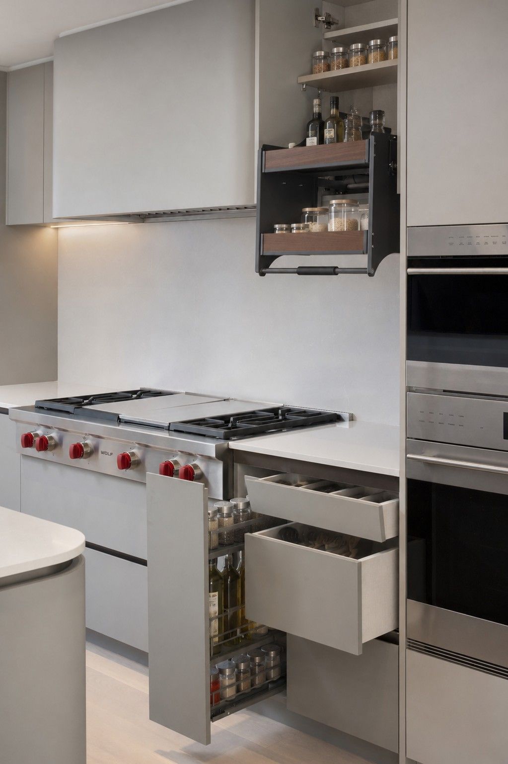 Storage built into the cabinetry — The Open House, Moore Park, Toronto — interior design by RZ Interiors