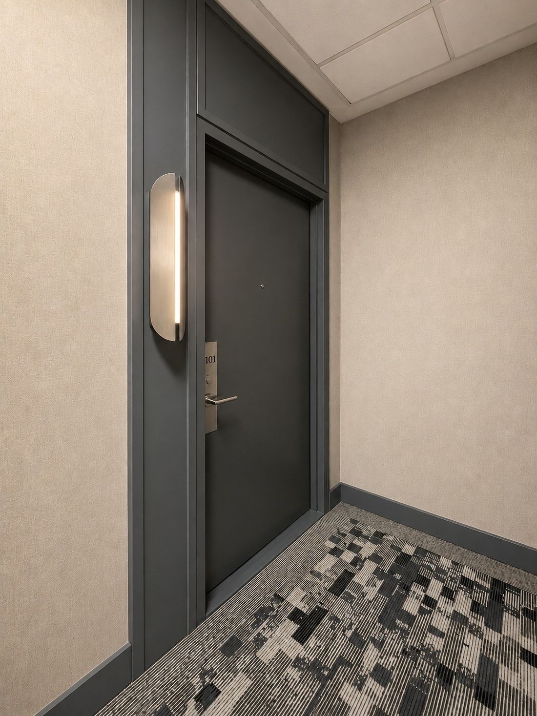 Suite entrances, after — The Courtyard Tower, Queen West, Toronto — interior design by RZ Interiors