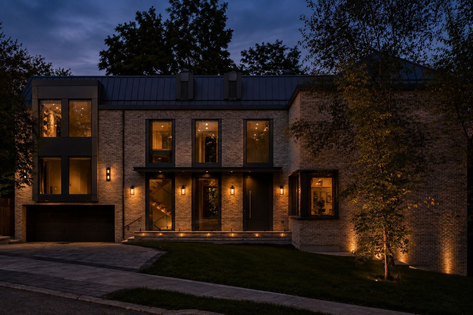 The house at dusk — The Offset, Toronto — interior design by RZ Interiors