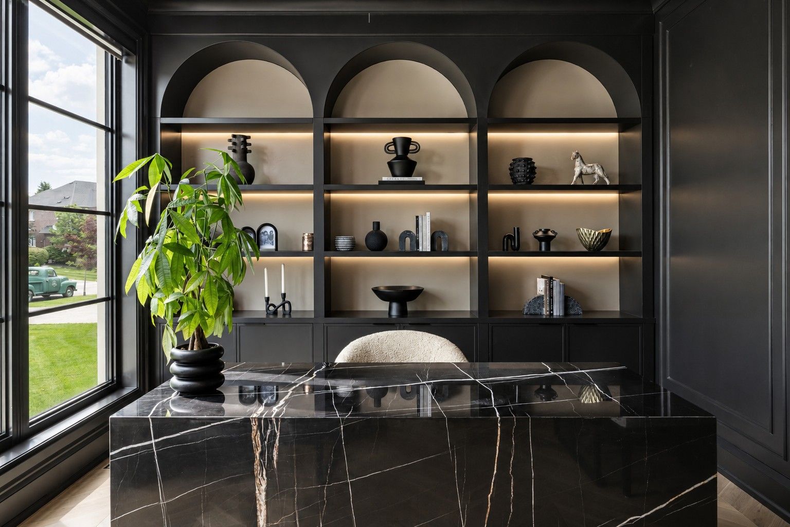 The library — The Gathering House, Kleinburg, Vaughan — interior design by RZ Interiors