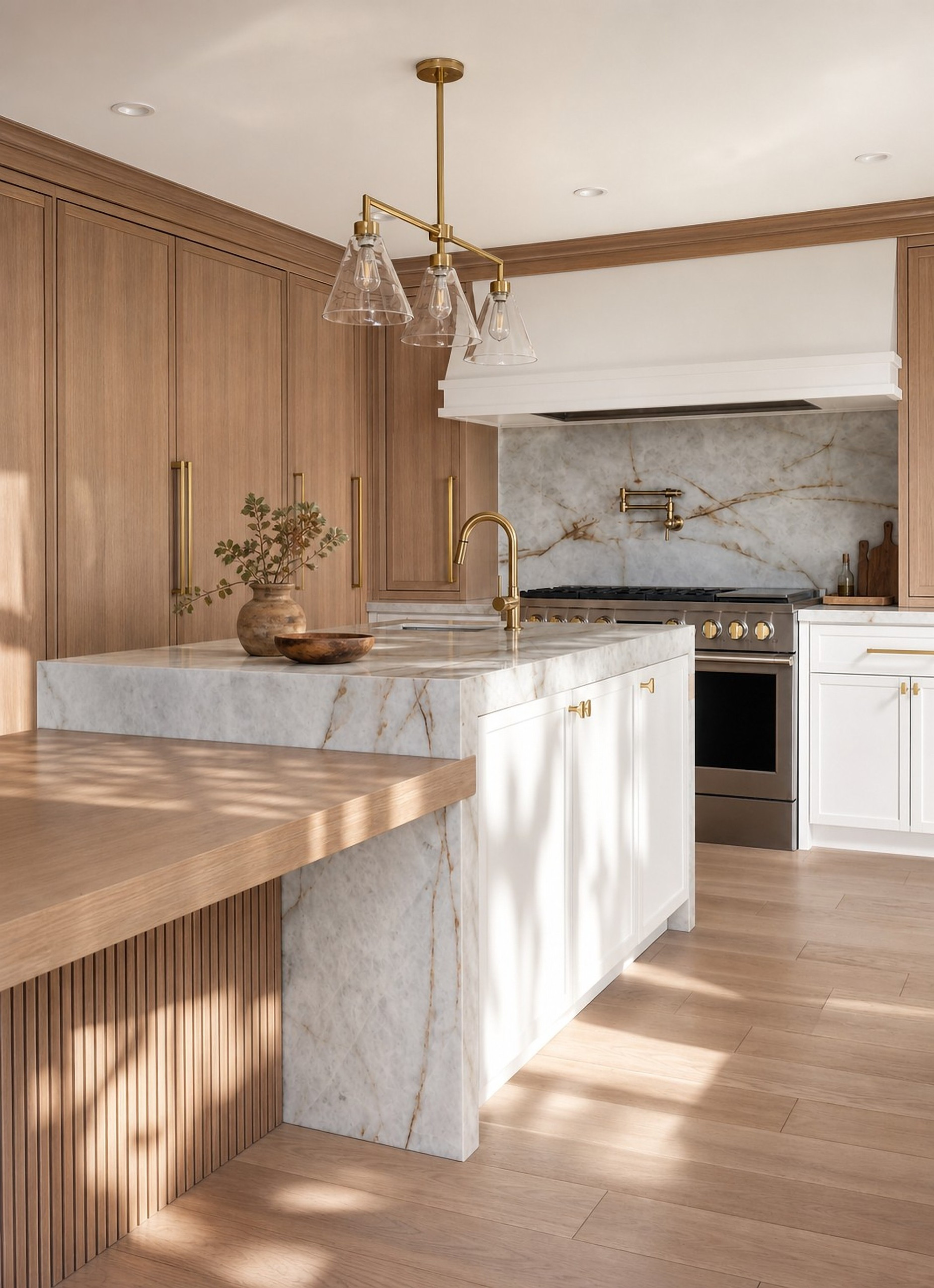 Waterfall island and plaster hood — Curvilinear Forms, Greater Toronto Area — interior design by RZ Interiors