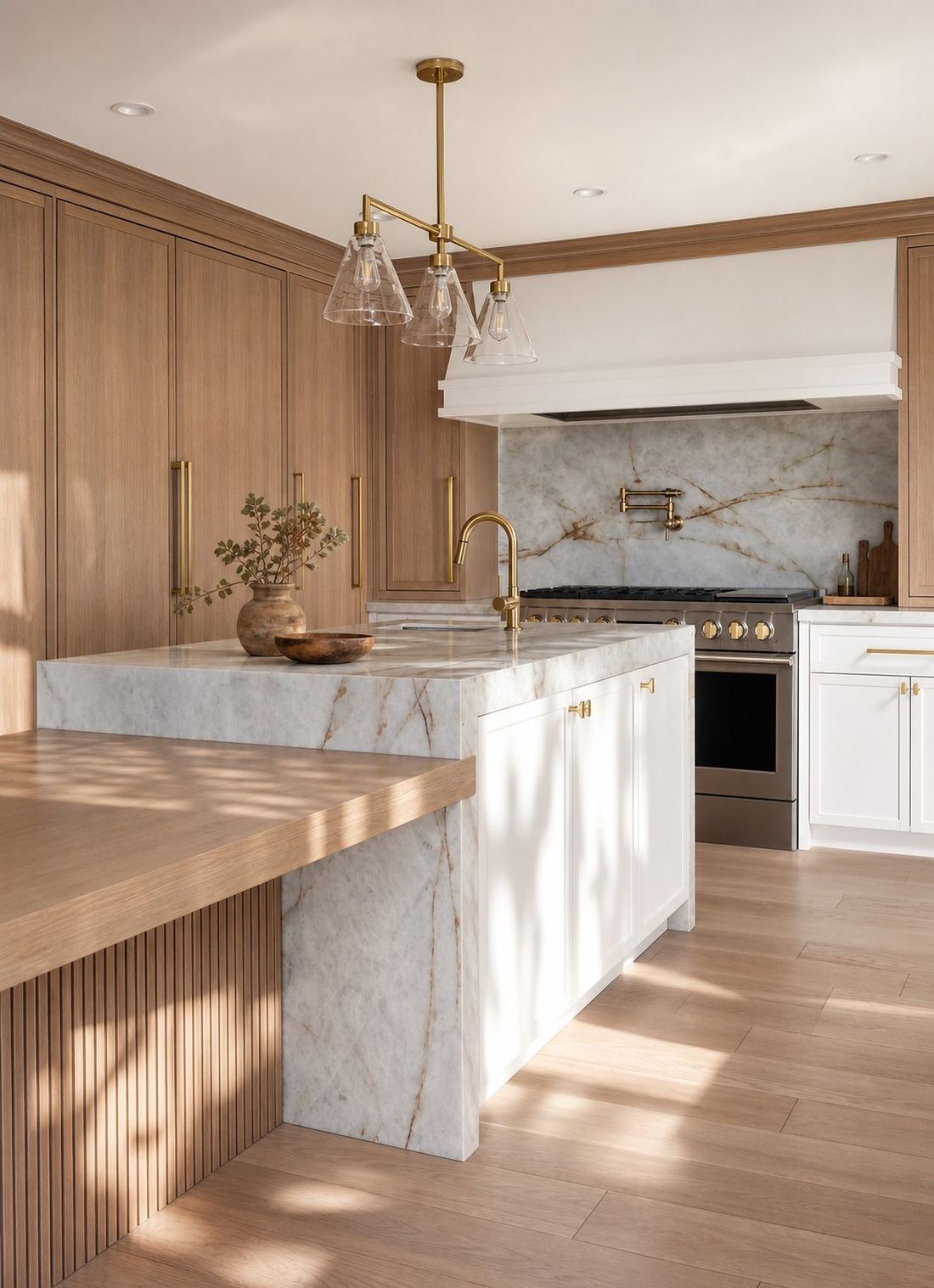 Waterfall island and plaster hood — Curvilinear Forms, Greater Toronto Area — interior design by RZ Interiors